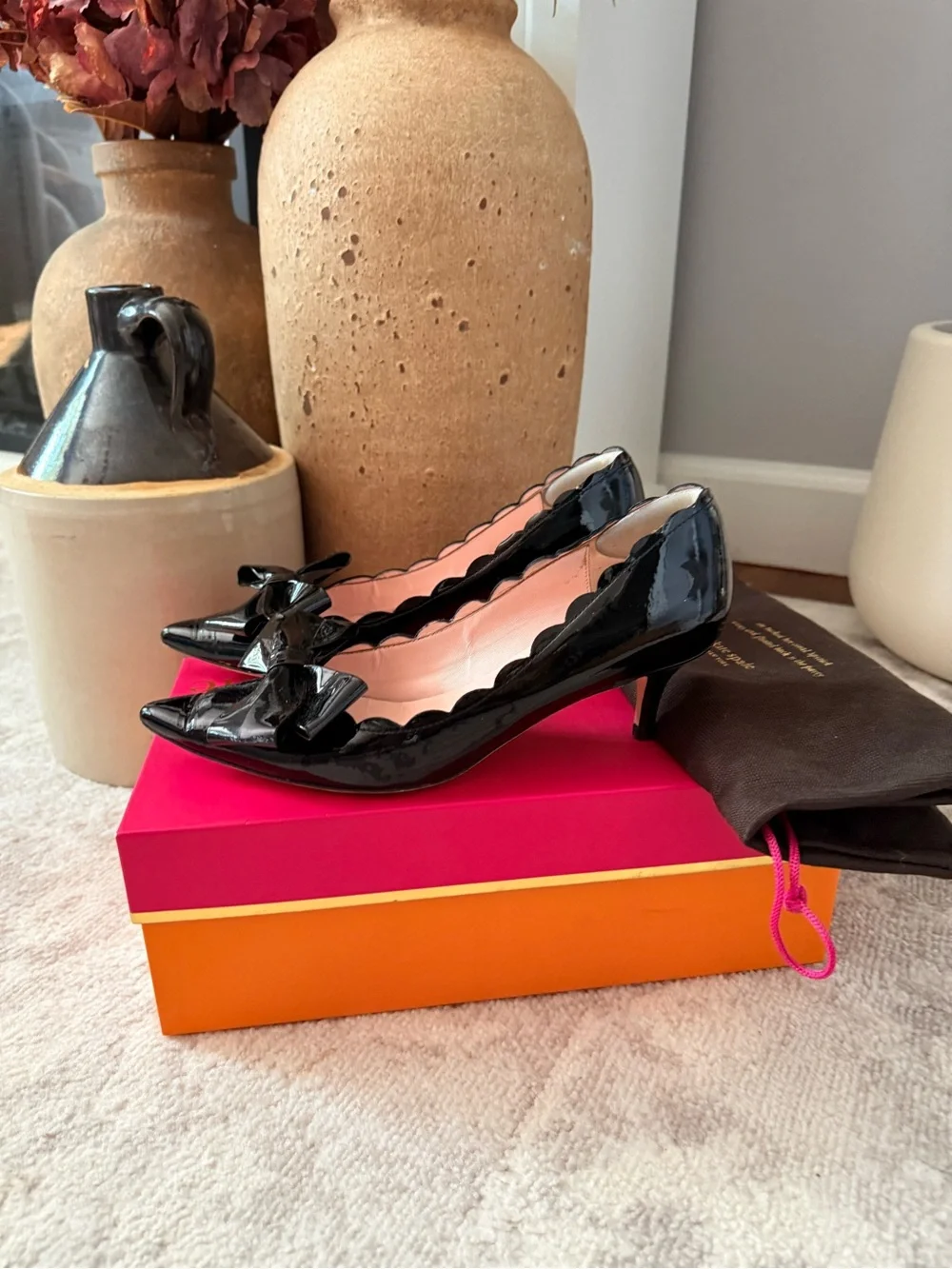 kate spade Black Patent Bow Pointed-Toe kitten heel